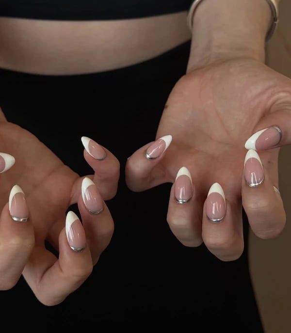 Medium Almond Silver Outline French Tip Nails With Milky Pink Base — Classy Hailey Bieber Nails