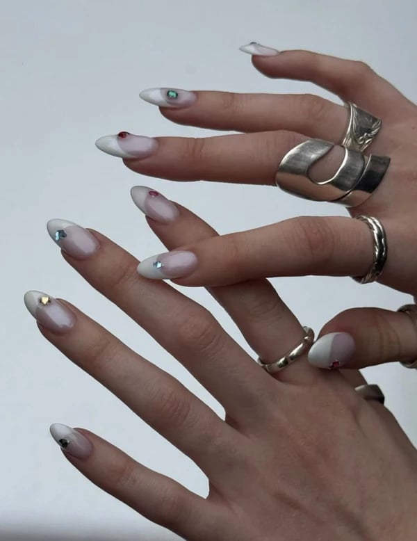Medium Almond Rhinestone French Tip Nails, Glossy — Classy Hailey Bieber Nails