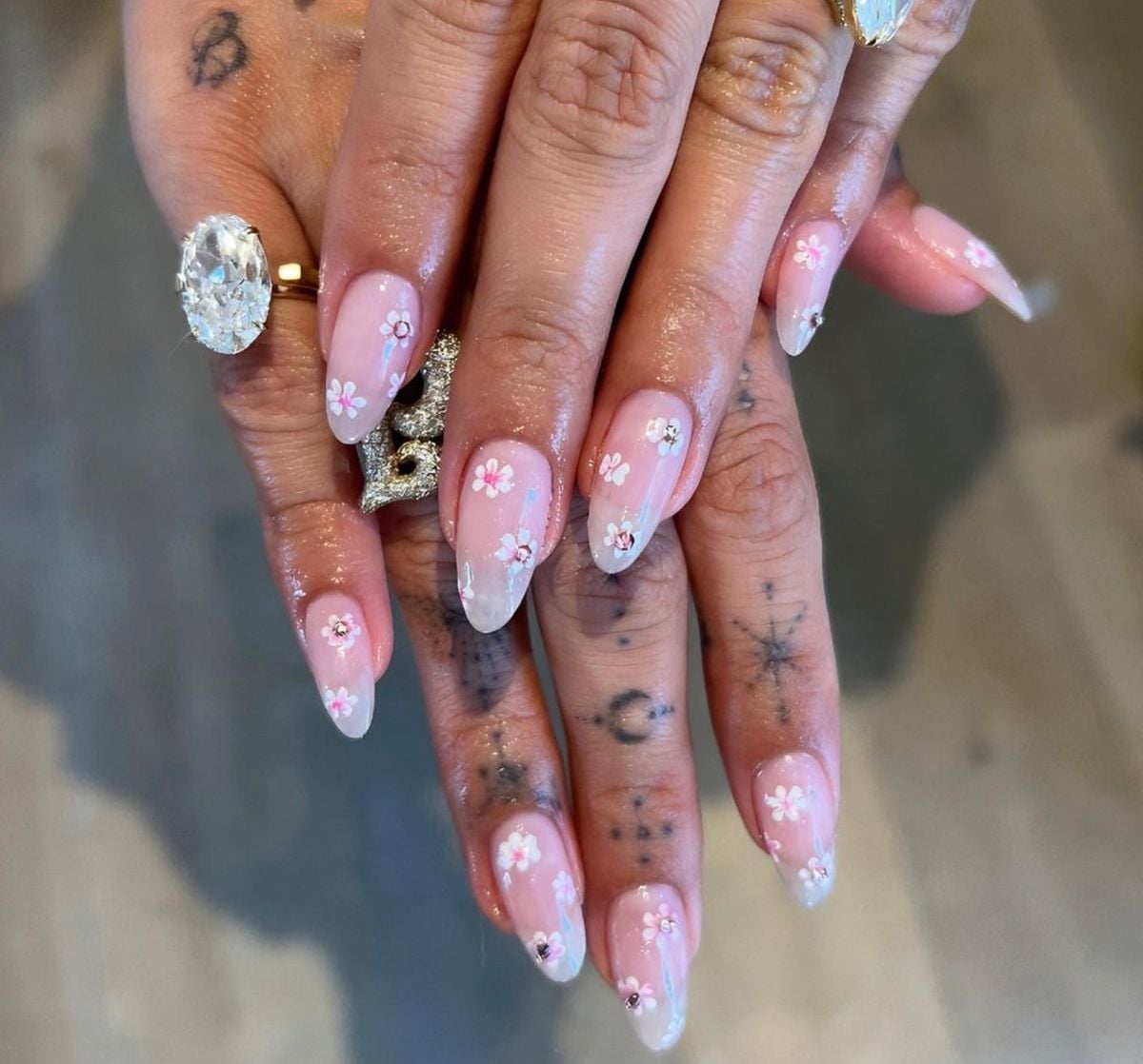 Long Almond Floral Design Glitter Nails — Classy Hailey Bieber Nails