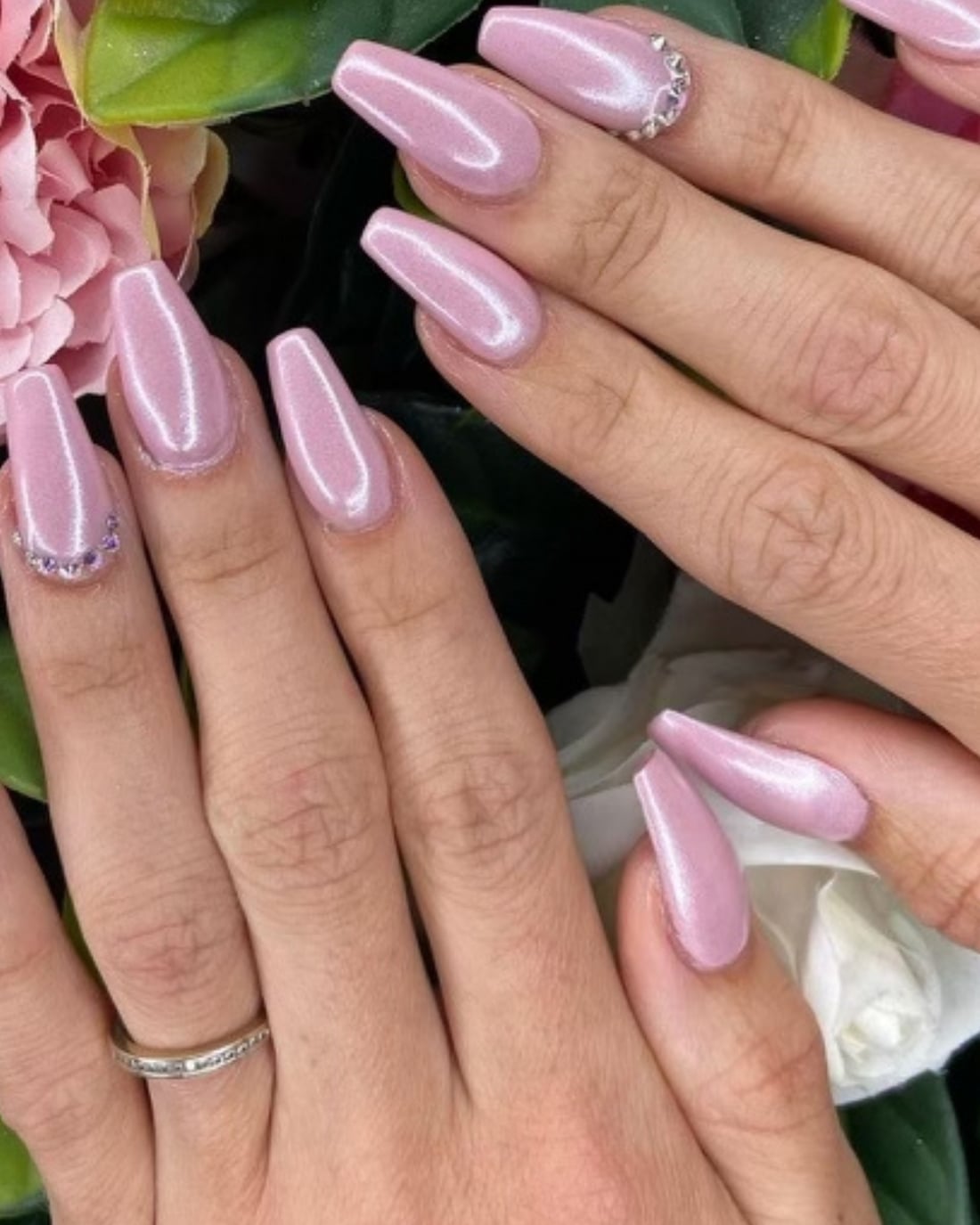 Long Coffin Pale Pink Shimmer Rhinestone Nails — Classy Hailey Bieber Nails