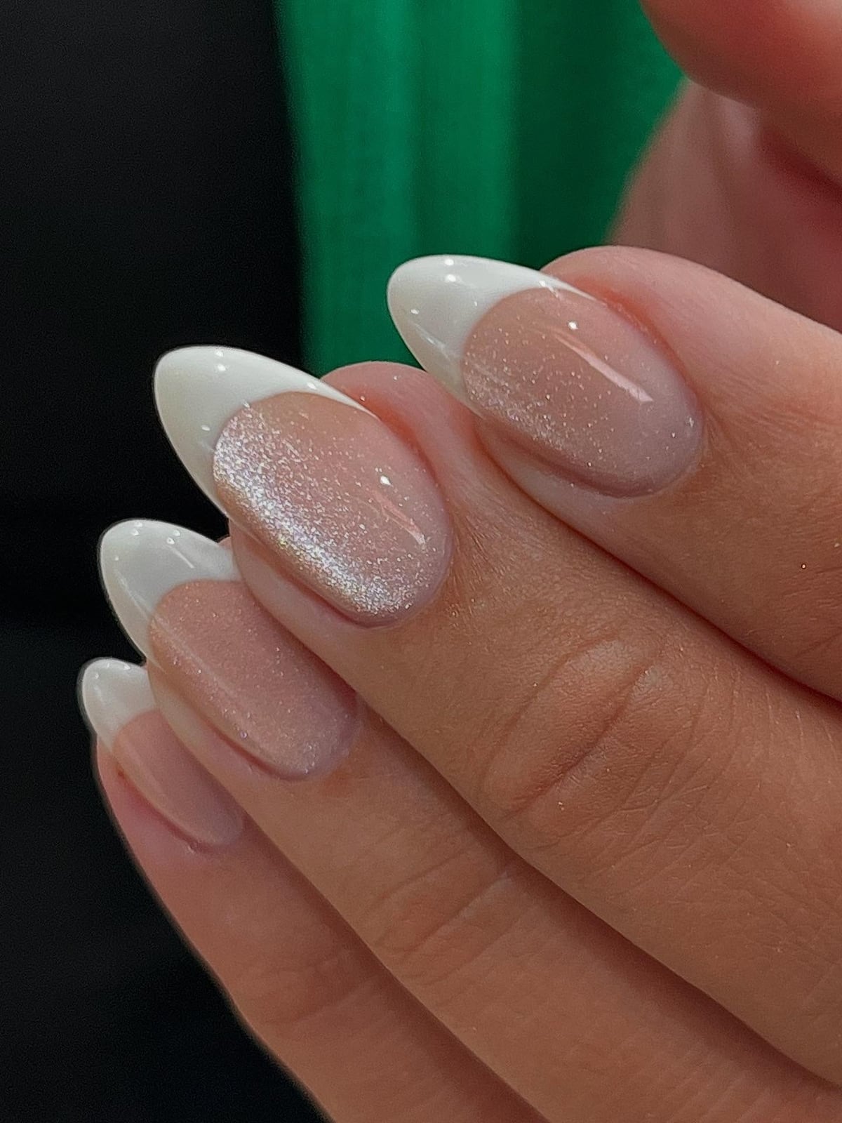 Medium Almond Nude French Shimmer Cat-Eye Accent Nails — Classy Hailey Bieber Nails