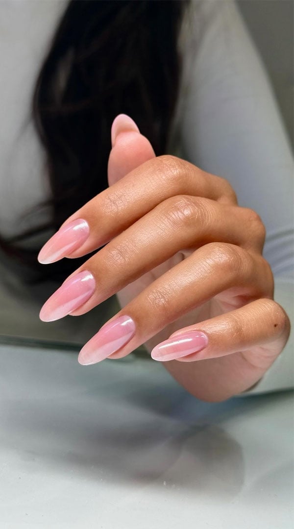 Short Almond Sheer Light Pink Jelly Chrome Nails — Classy Hailey Bieber Nails