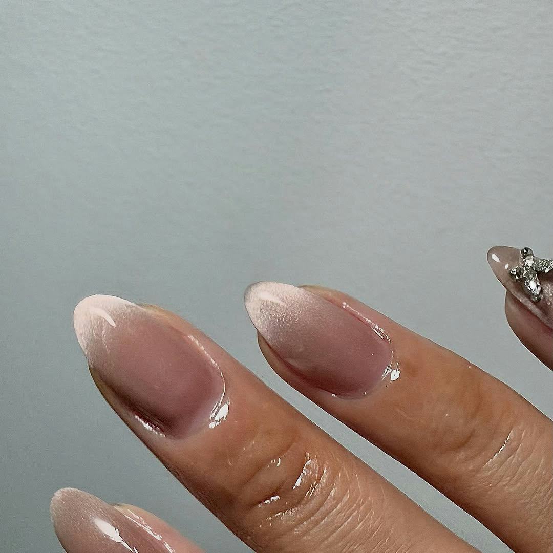 Medium Almond Milky to Clear Ombre Shimmer Nails — Classy Hailey Bieber Nails