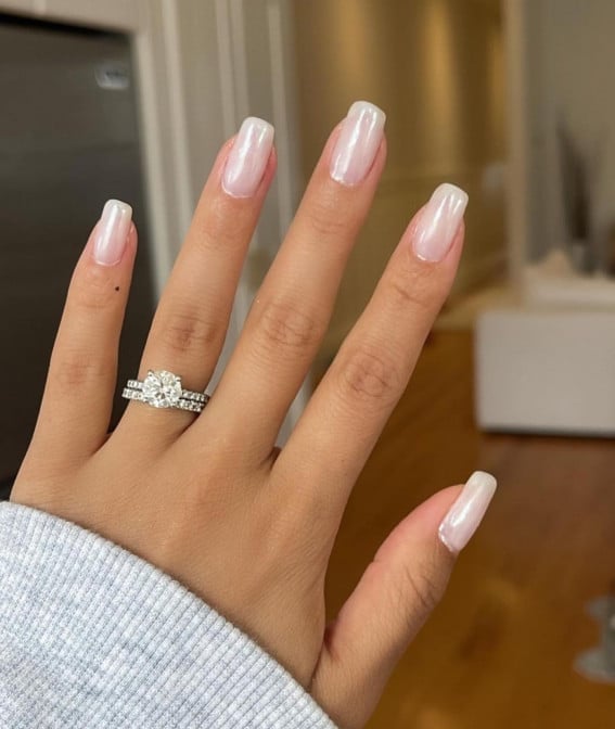 Short Square Milky Pearl Nails — Classy Hailey Bieber Nails