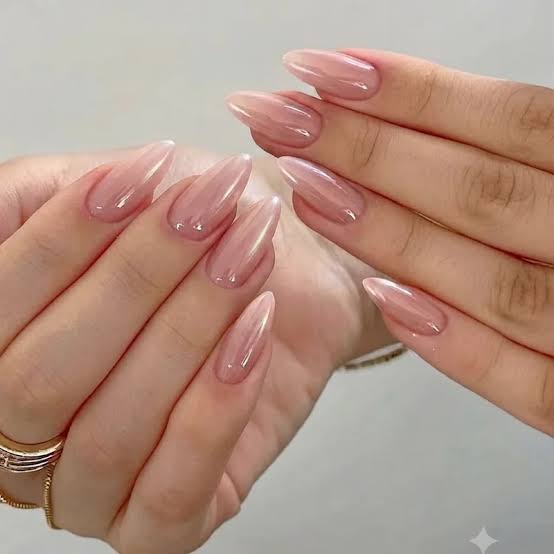 Medium Almond Pearlescent Chrome Pink Nails — Classy Hailey Bieber Nails