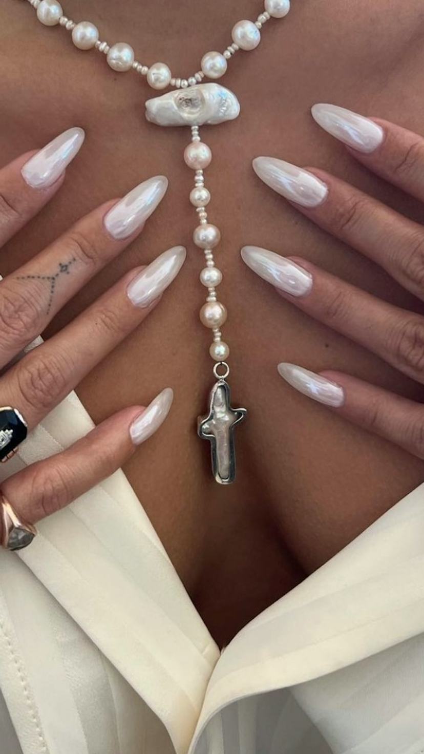 Medium Almond Milky Pearlescent Nails — Classy Hailey Bieber Nails