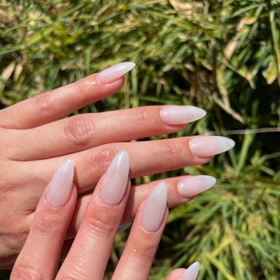 Medium Almond Sheer Nude Pearly Shimmer Nails — Classy Hailey Bieber Nails