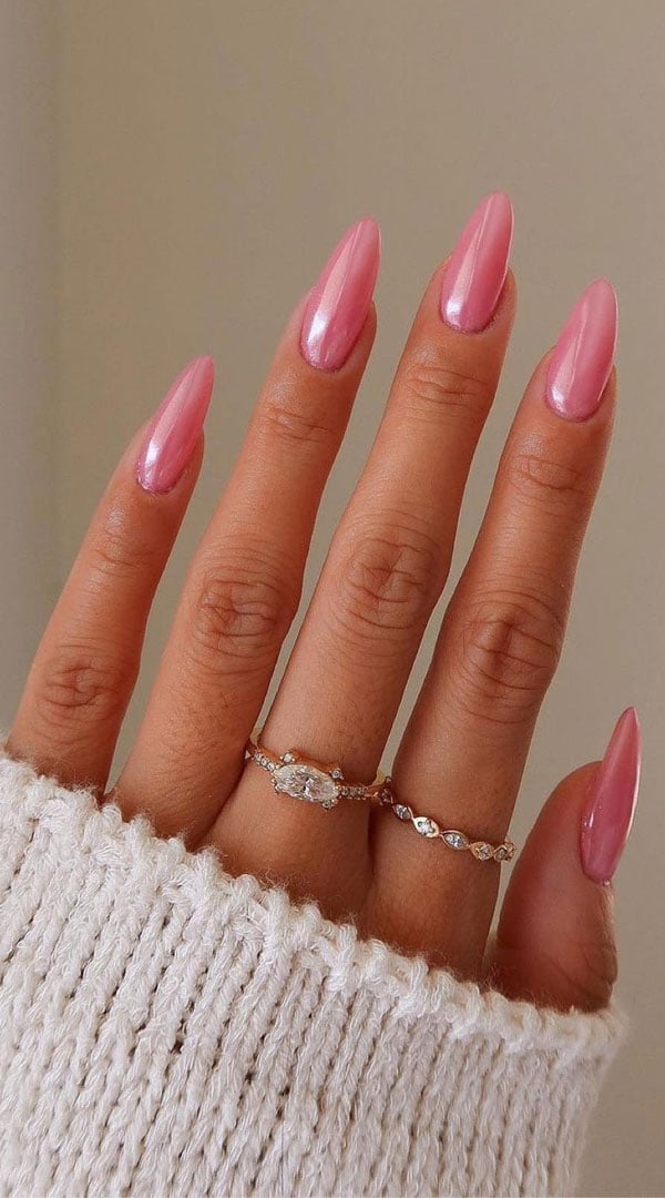 Medium Almond Milky Pink Pearlescent Shimmer Nails — Classy Hailey Bieber Nails