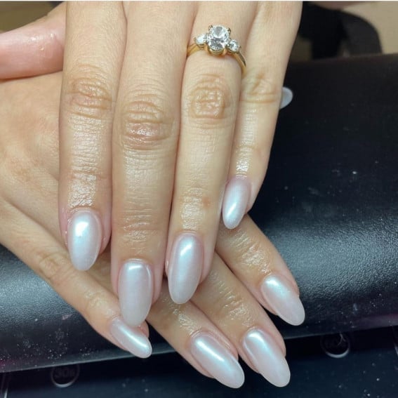 Medium Almond Milky White Pearly Inlay Nails — Classy Hailey Bieber Nails
