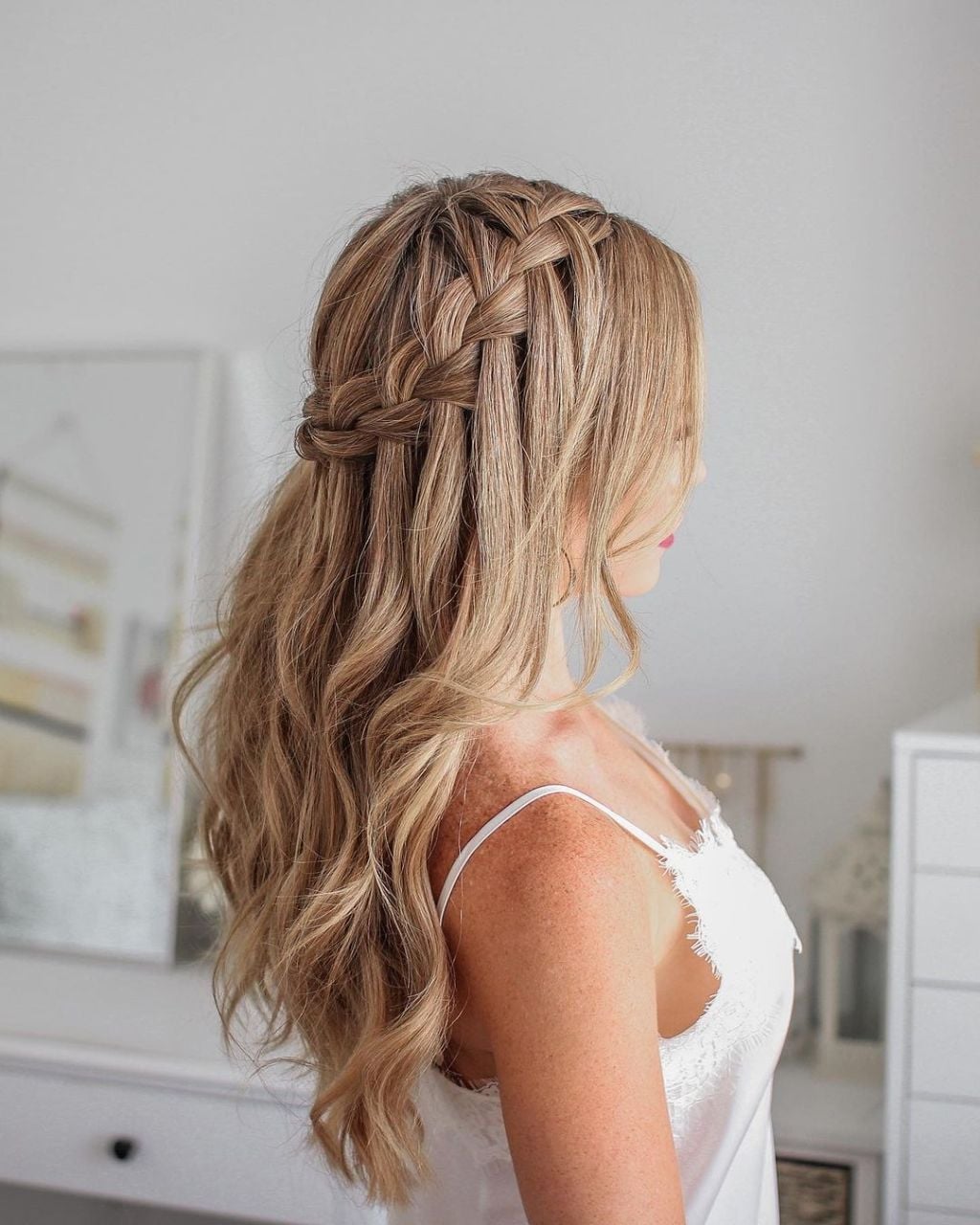 Collarbone Ash Blonde Waterfall Braid Waves — Classy Hair Down Hairstyles