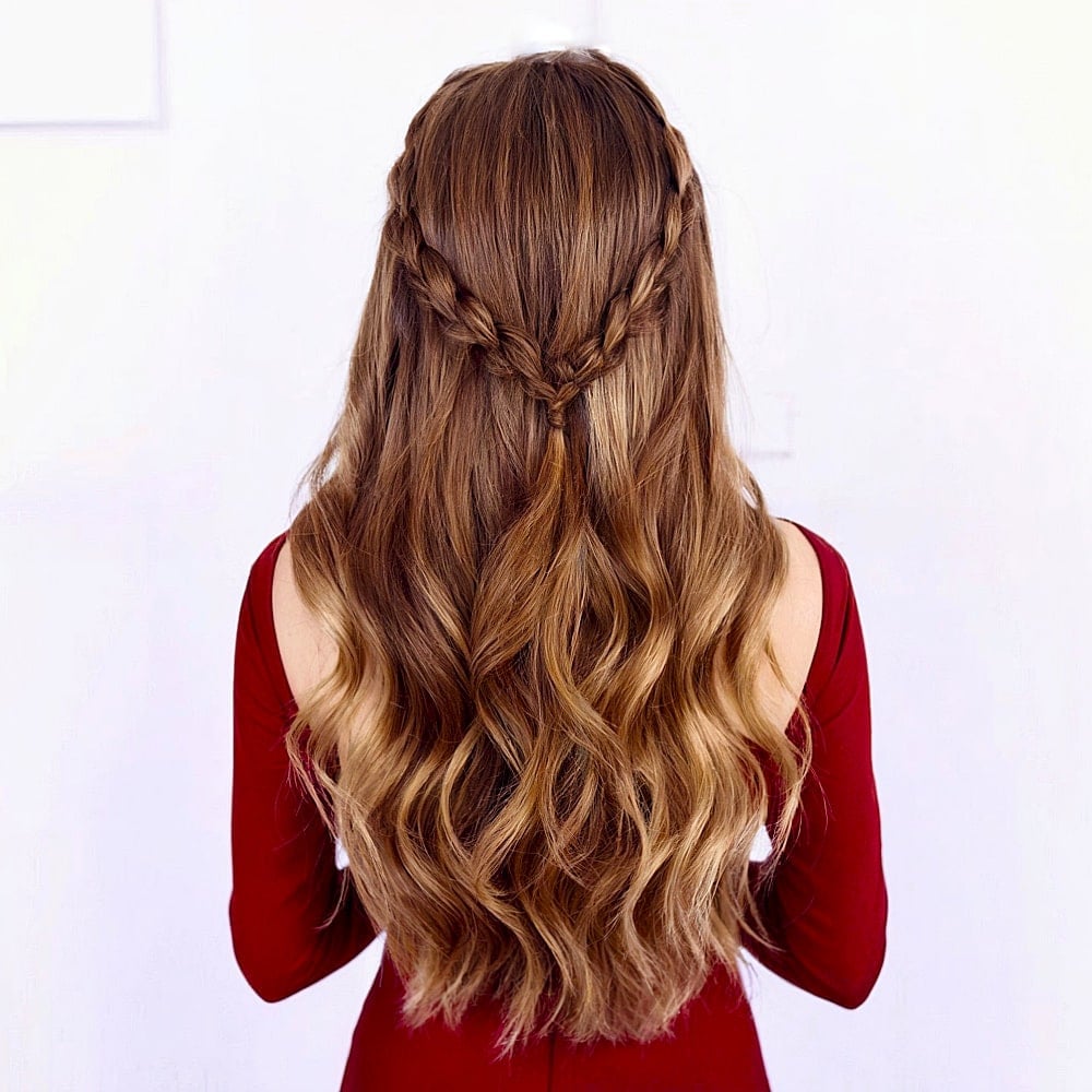 Mid-Back Medium Brown Braided Crown Waves, Wavy — Classy Hair Down Hairstyles