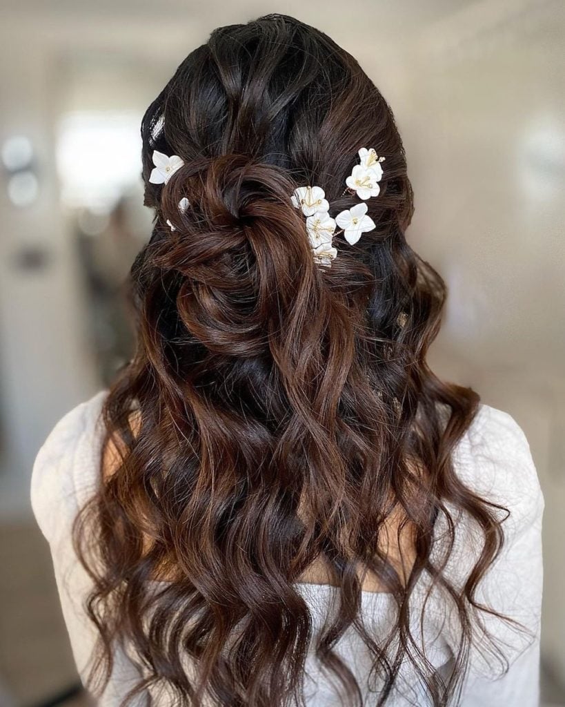 Mid-Back Dark Brown Braided Knot Flowers, Wavy — Classy Hair Down Hairstyles