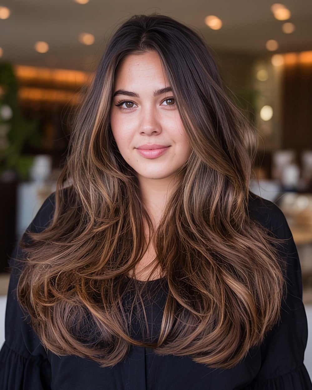 Mid-Back Layers With Caramel Balayage Mid-Back Layers With Caramel Balayage — Classy Hair for Round Face