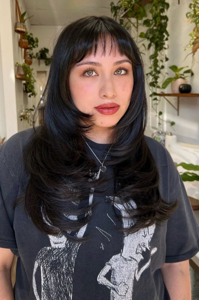 Mid-Back With Face-Framing Layers And Blunt Bangs Mid-Back With Face-Framing Layers And Blunt Bangs — Classy Hair for Round Face
