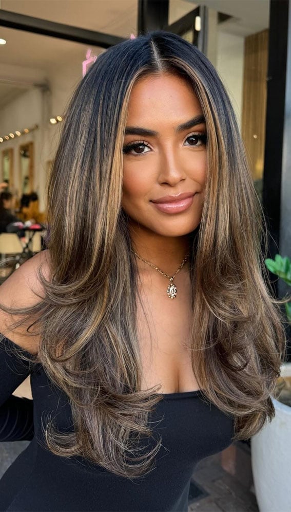 Medium Brown Mid-Back With Caramel Balayage Medium Brown Mid-Back With Caramel Balayage — Classy Haircuts for Long Hair
