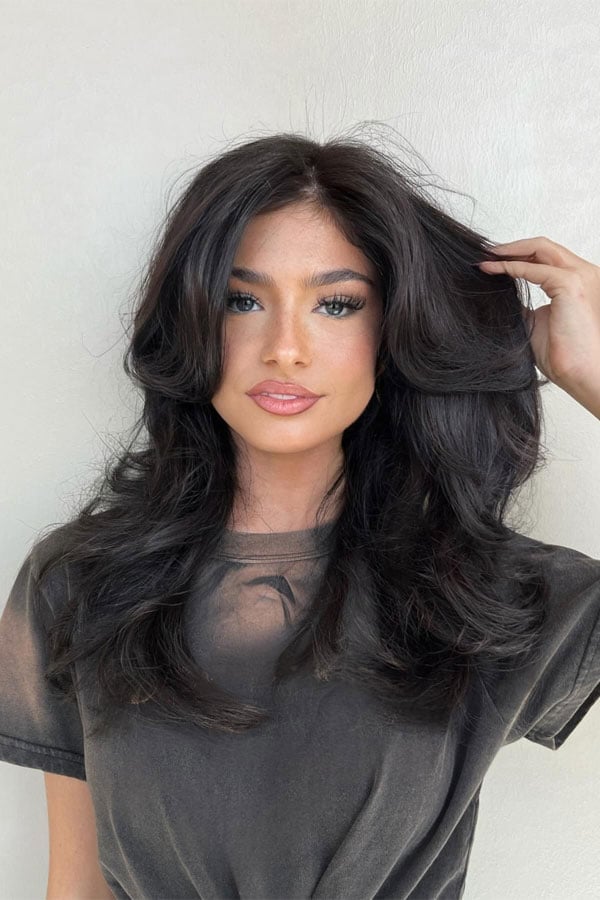 Mid-Back Dark Brown With Curtain Bangs Mid-Back Dark Brown With Curtain Bangs — Classy Haircuts for Long Hair