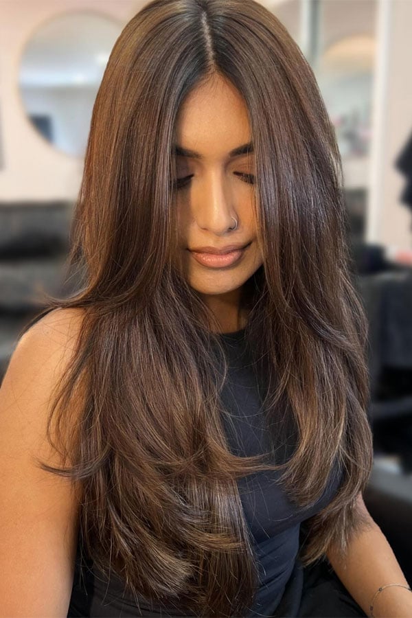 Mid-Back Dark Brown With Subtle Highlights, Office-Safe Version Mid-Back Dark Brown With Subtle Highlights, Office-Safe Version — Classy Haircuts for Long Hair