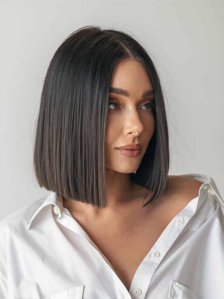 Sharp Chin-Length Dark Brown Bob, Styled Sleek And Straight Sharp Chin-Length Dark Brown Bob, Styled Sleek And Straight — Classy Haircuts for Medium Hair