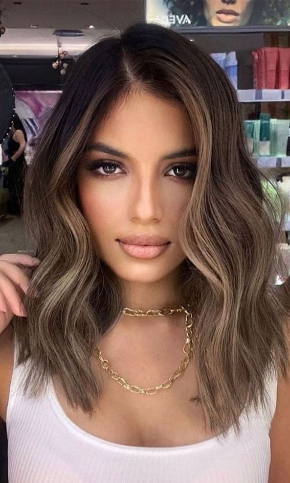 Dark Brown Lob With Blonde Balayage, Collarbone Dark Brown Lob With Blonde Balayage, Collarbone — Classy Haircuts for Medium Hair