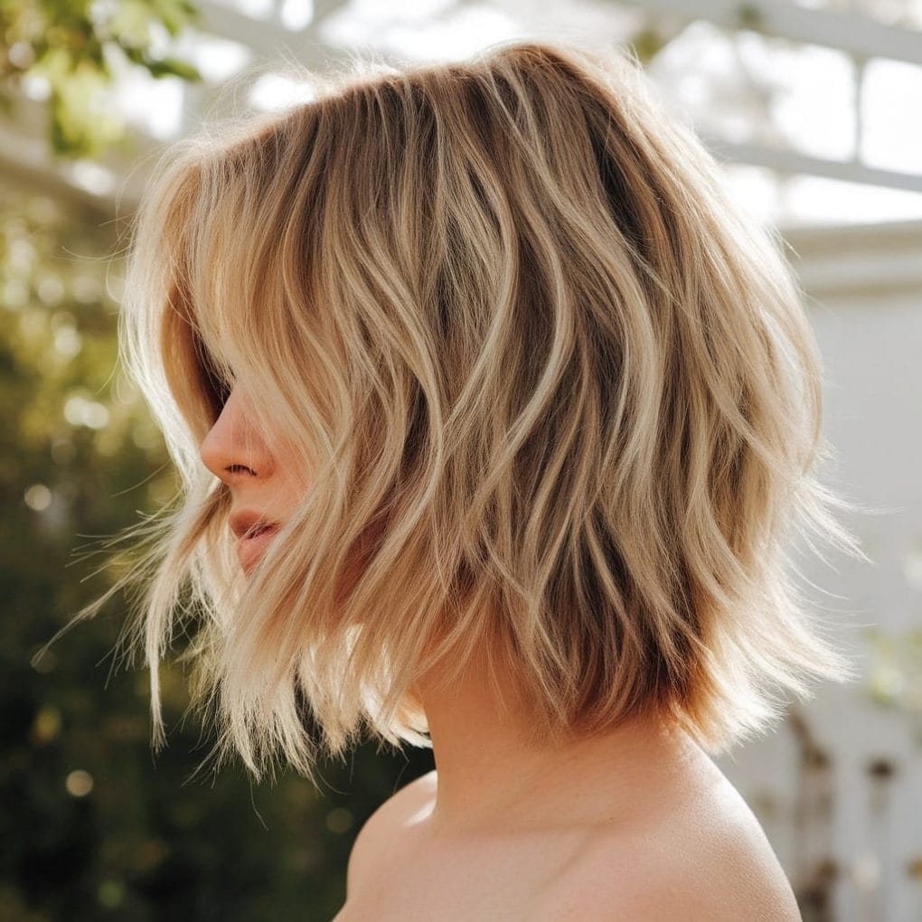 Blonde Bob With Choppy Layers And Messy Waves — Classy Haircuts for Round Face