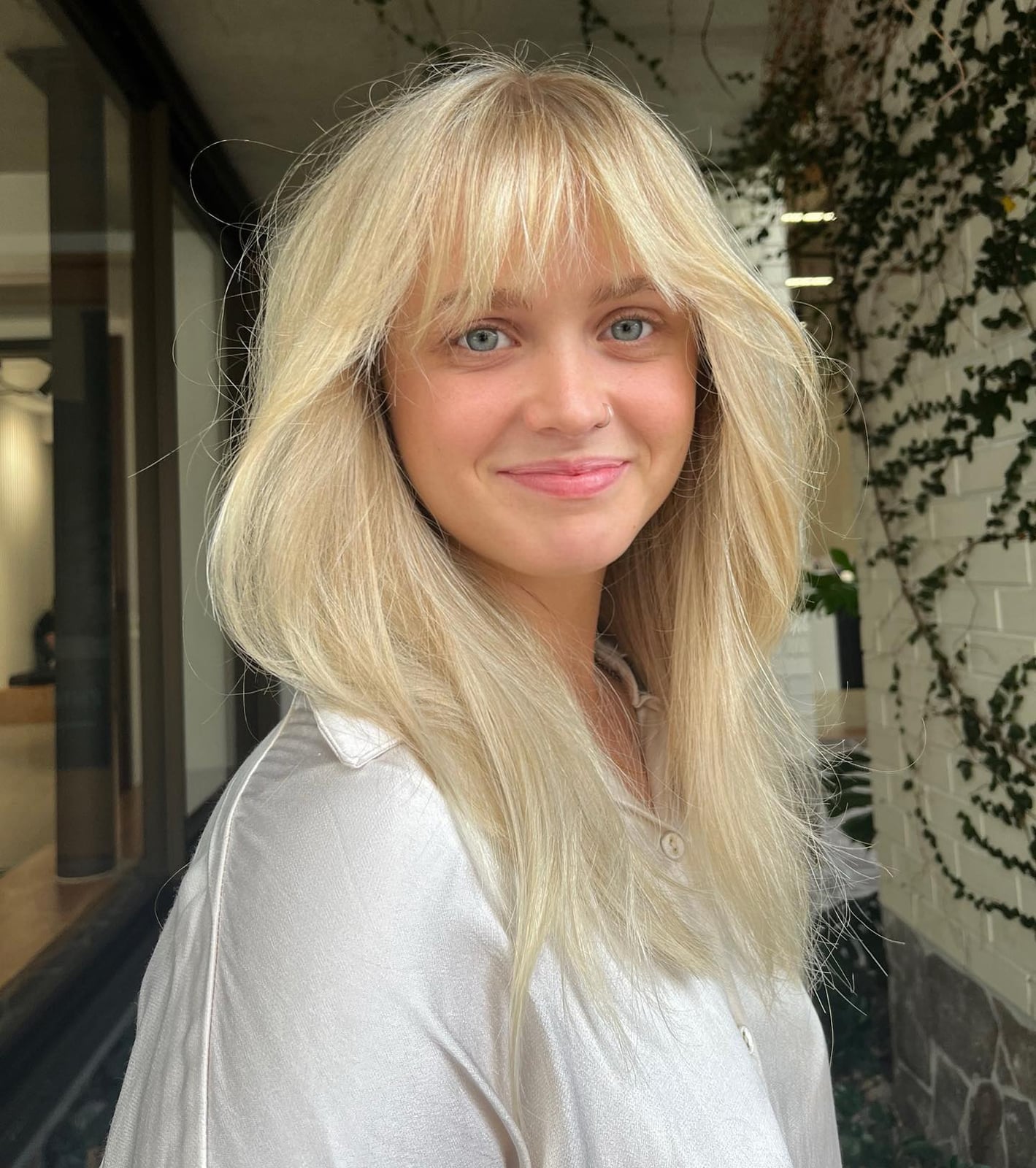 Shoulder Layers With Curtain Bangs In Bright Blonde — Classy Haircuts for Round Face