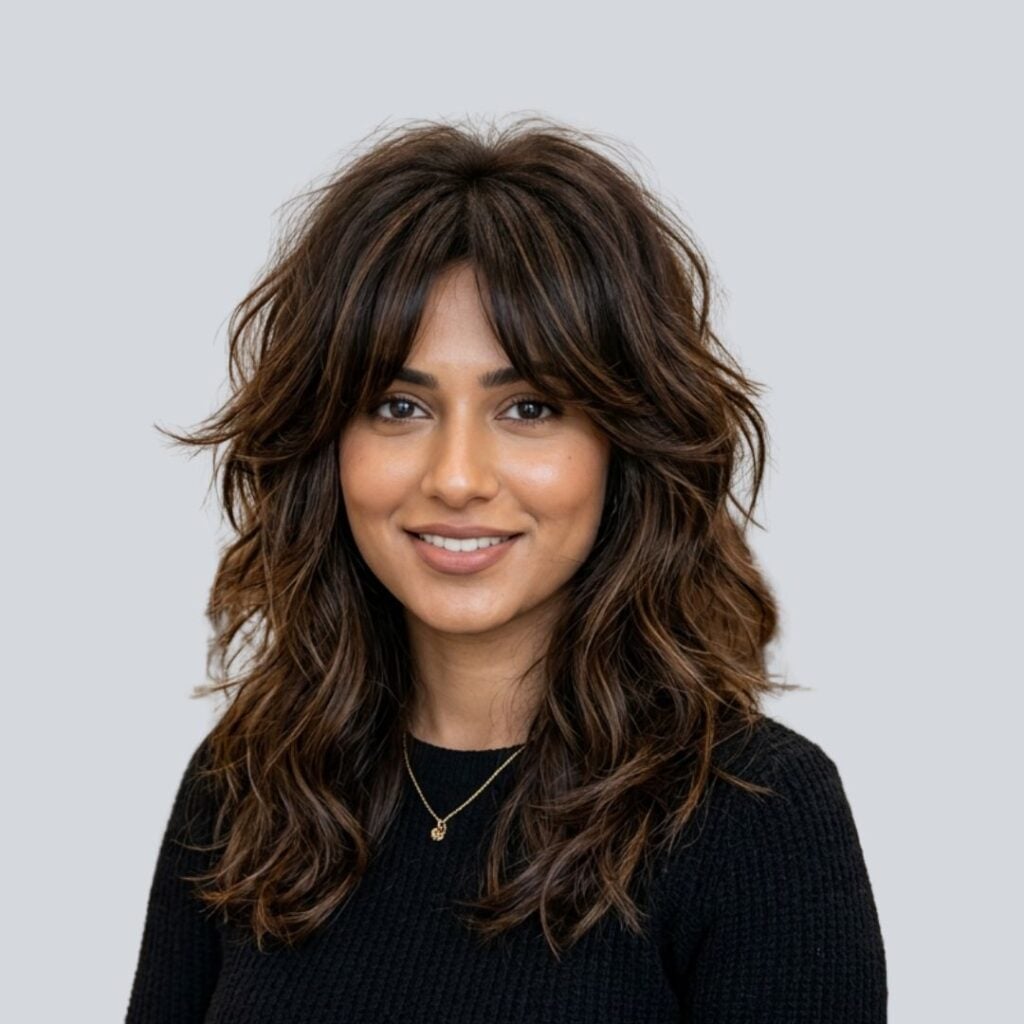 Dark Brown Shag With Curtain Bangs and Styled In A Wavy Blowout — Classy Haircuts for Thick Hair
