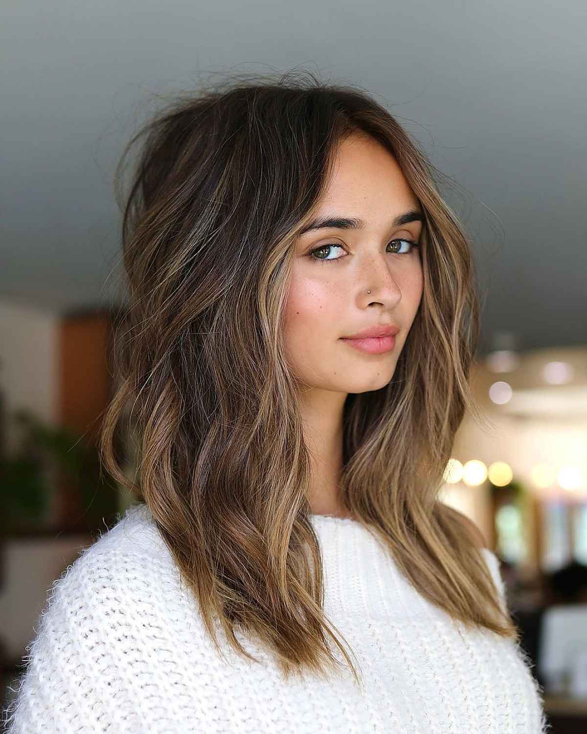Medium Brown Lob With Blonde Balayage — Classy Haircuts for Thick Hair