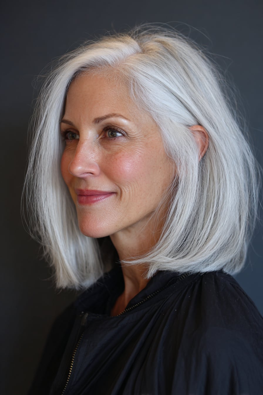 Sleek Collarbone Bob In Silver — Classy Haircuts for Women over 50