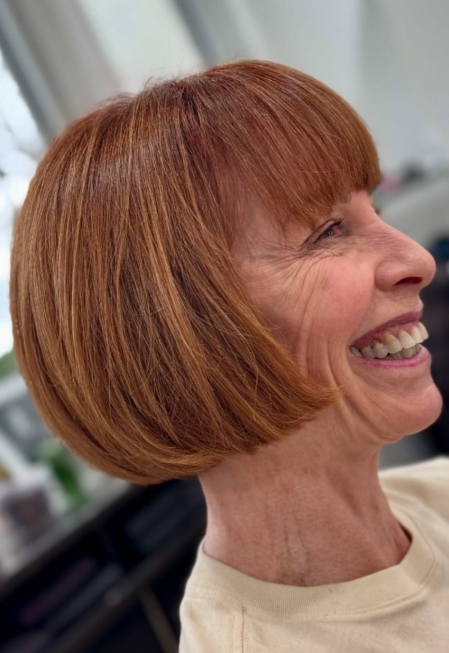 Copper Bob With Blunt Bangs and Smooth Blowout — Classy Haircuts for Women over 60