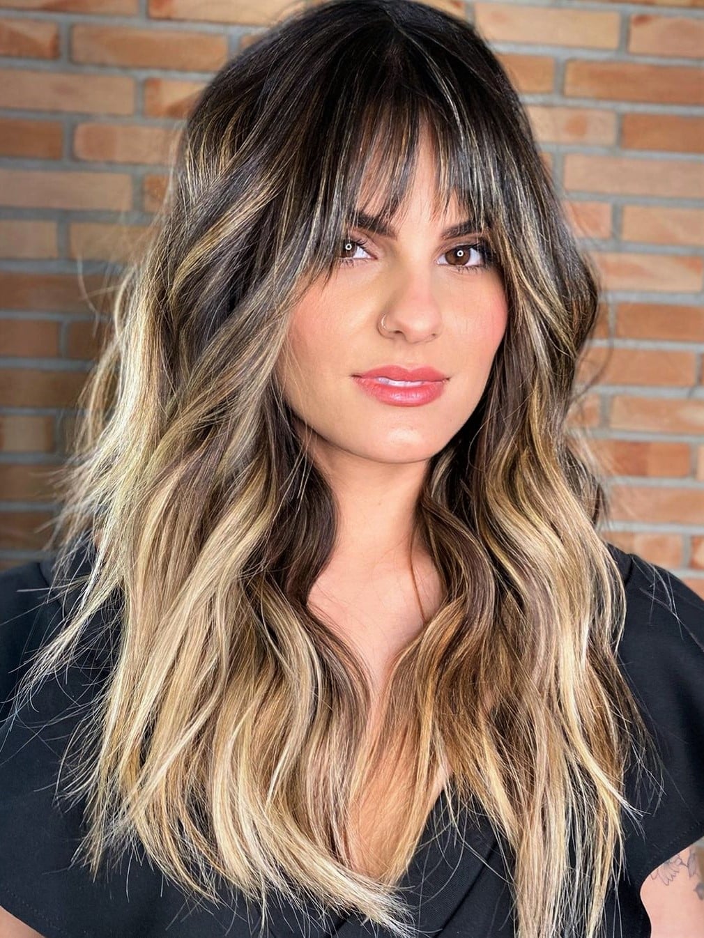 Collarbone Lob With Full Bangs and Balayage Collarbone Lob With Full Bangs and Balayage — Classy Hairstyles for Round Face