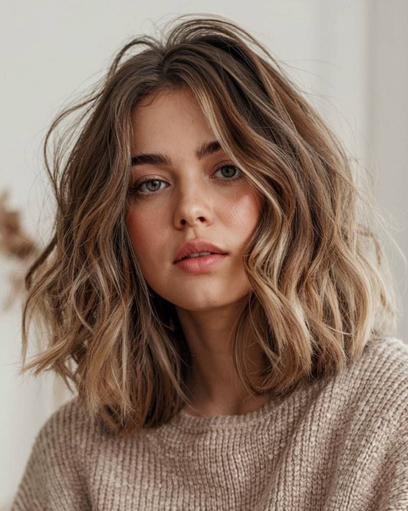 Collarbone Wavy Lob With Honey Blonde Balayage Collarbone Wavy Lob With Honey Blonde Balayage — Classy Hairstyles for Round Face