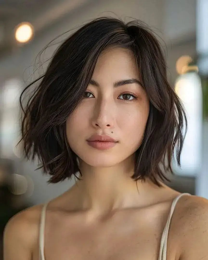 Chin Length Wavy Bob With Choppy Bangs Chin Length Wavy Bob With Choppy Bangs — Classy Hairstyles for Round Face