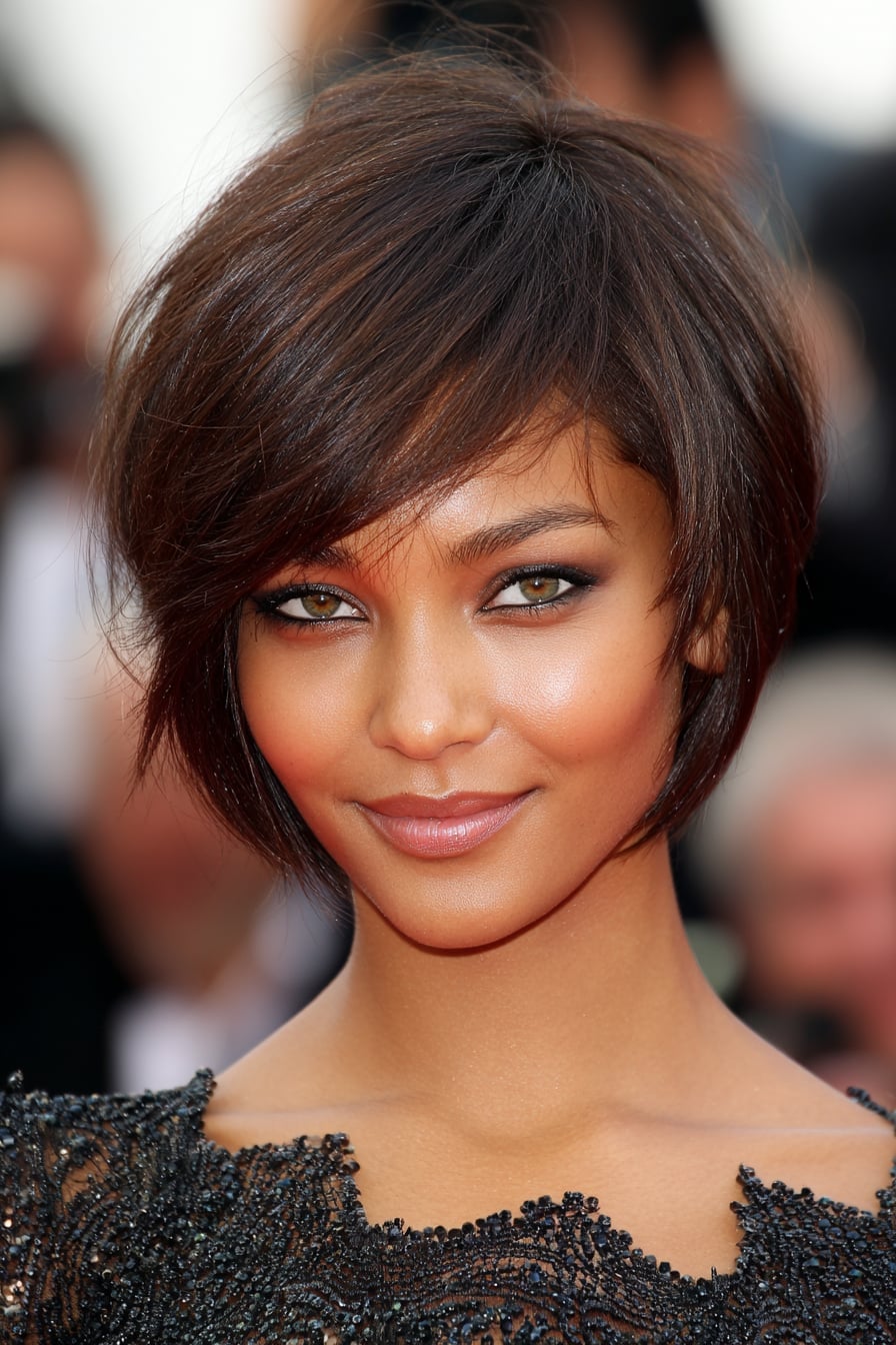 Short Asymmetrical Pixie With Side Swept Bangs Short Asymmetrical Pixie With Side Swept Bangs — Classy Hairstyles for Round Face