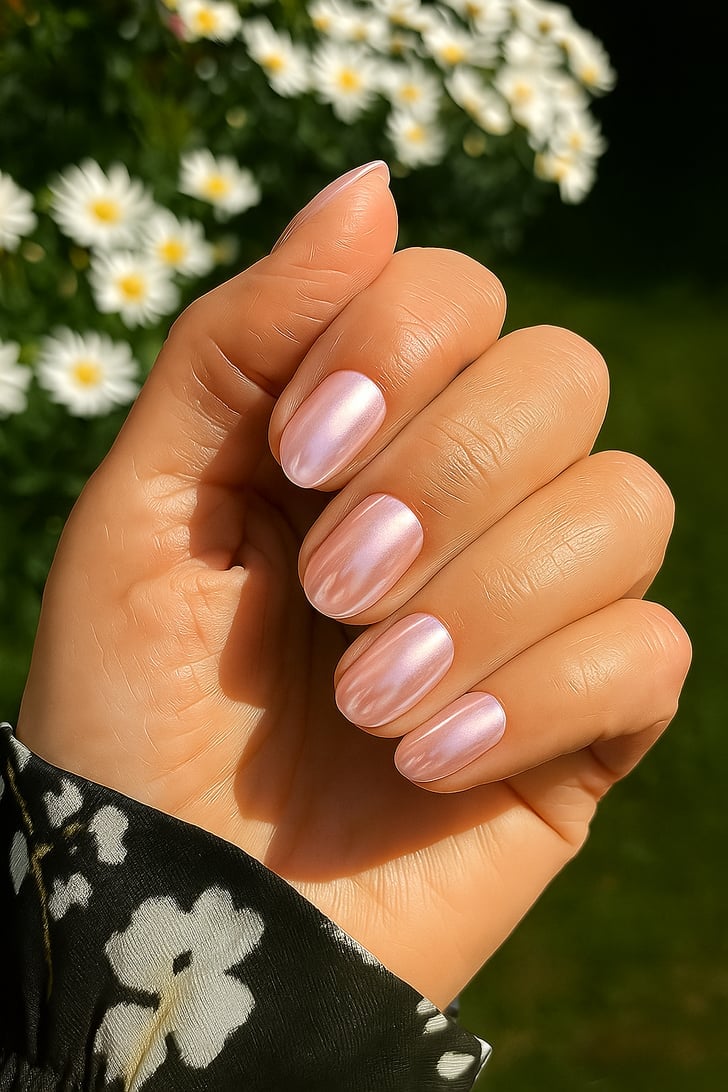 Short Almond Milky Pink Pearlescent Nails, Shimmer Short Almond Milky Pink Pearlescent Nails, Shimmer — Classy Hand Nails
