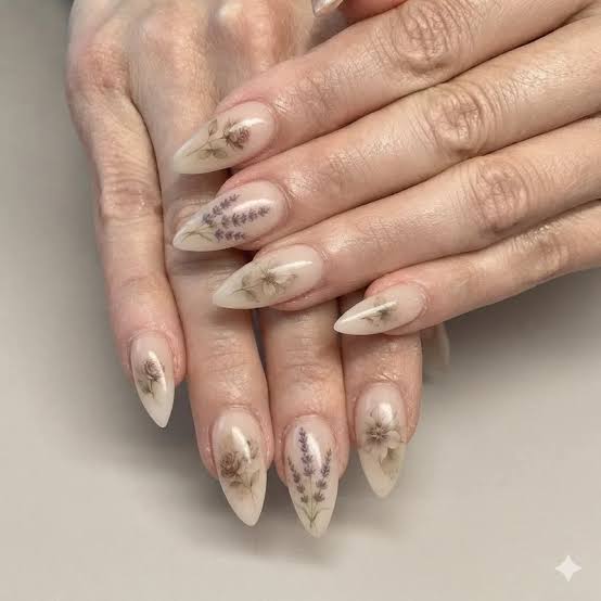 Medium Stiletto Botanical Decal Nails Medium Stiletto Botanical Decal Nails — Classy Hand Nails