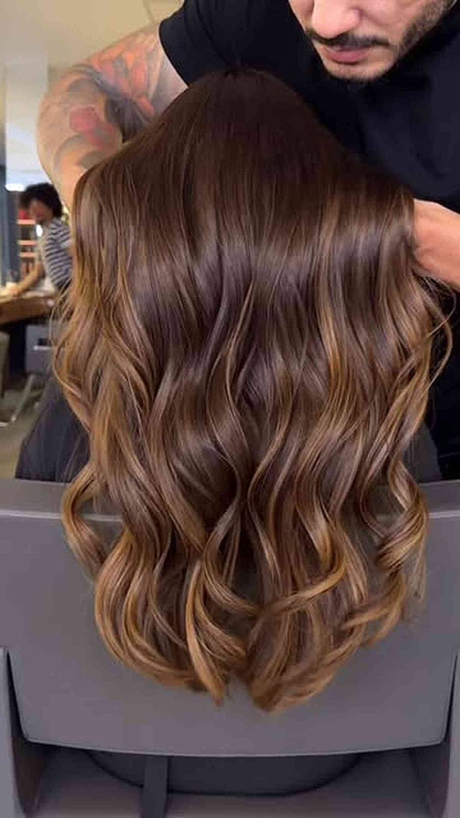 Layered Mid-Back Dark Brown With Caramel Highlights, Wavy Layered Mid-Back Dark Brown With Caramel Highlights, Wavy — Classy Highlights on Dark Brown