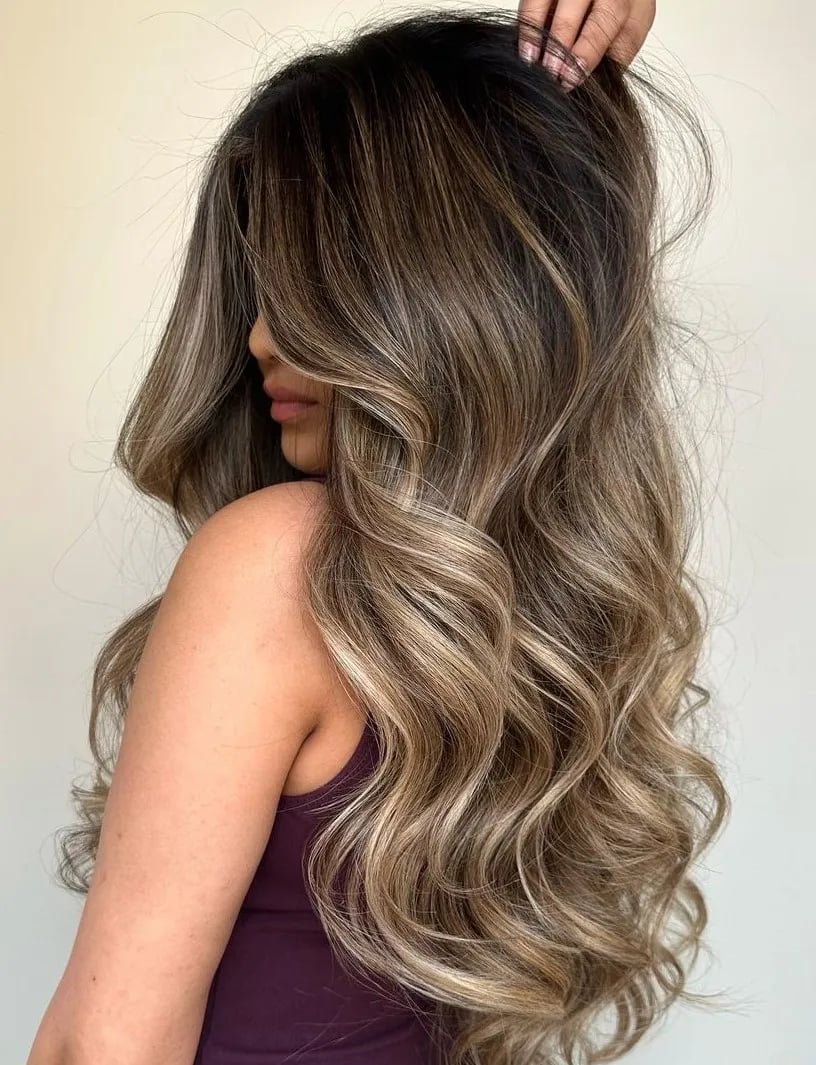 Mid-Back Dark Brown With Ash Blonde Highlights and Curtain Bangs Mid-Back Dark Brown With Ash Blonde Highlights and Curtain Bangs — Classy Highlights on Dark Brown