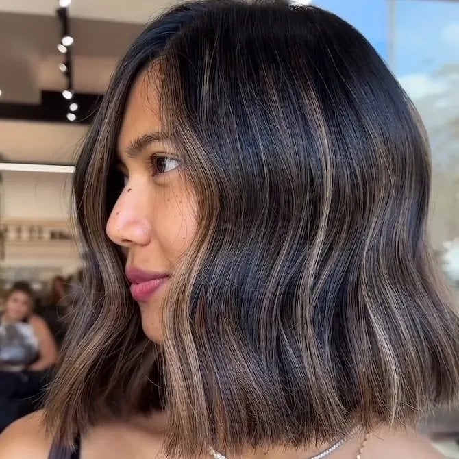 Mid-Back Dark Brown With Ash Blonde Highlights, Everyday Version Mid-Back Dark Brown With Ash Blonde Highlights, Everyday Version — Classy Highlights on Dark Brown