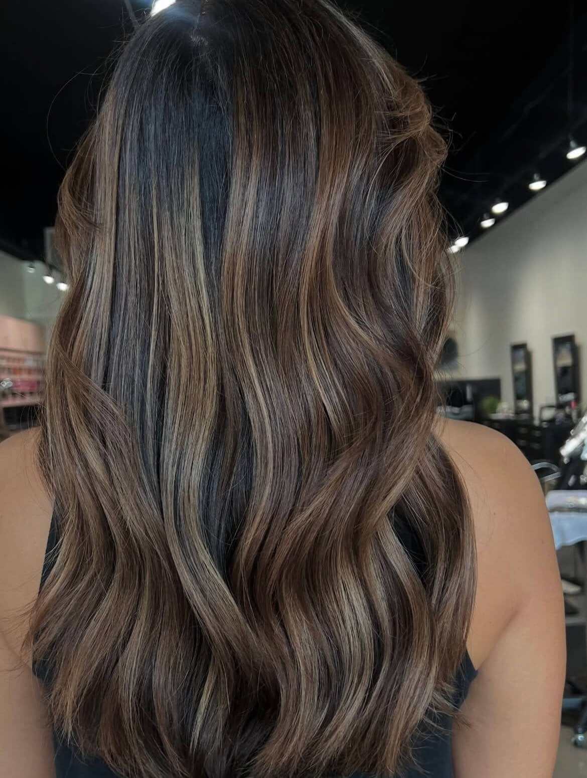 Long Mid-Back Dark Brown With Ash Blonde Highlights, Wavy Long Mid-Back Dark Brown With Ash Blonde Highlights, Wavy — Classy Highlights on Dark Brown