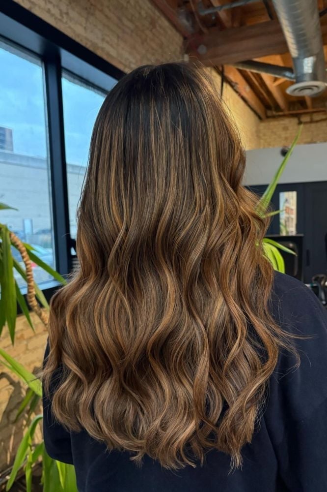 Mid-Back Dark Brown With Honey Highlights, Everyday Version Mid-Back Dark Brown With Honey Highlights, Everyday Version — Classy Highlights on Dark Brown