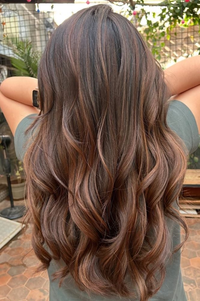 Mid-Back Dark Brown With Ash Brown Highlights, Bolder Variation Mid-Back Dark Brown With Ash Brown Highlights, Bolder Variation — Classy Highlights on Dark Brown