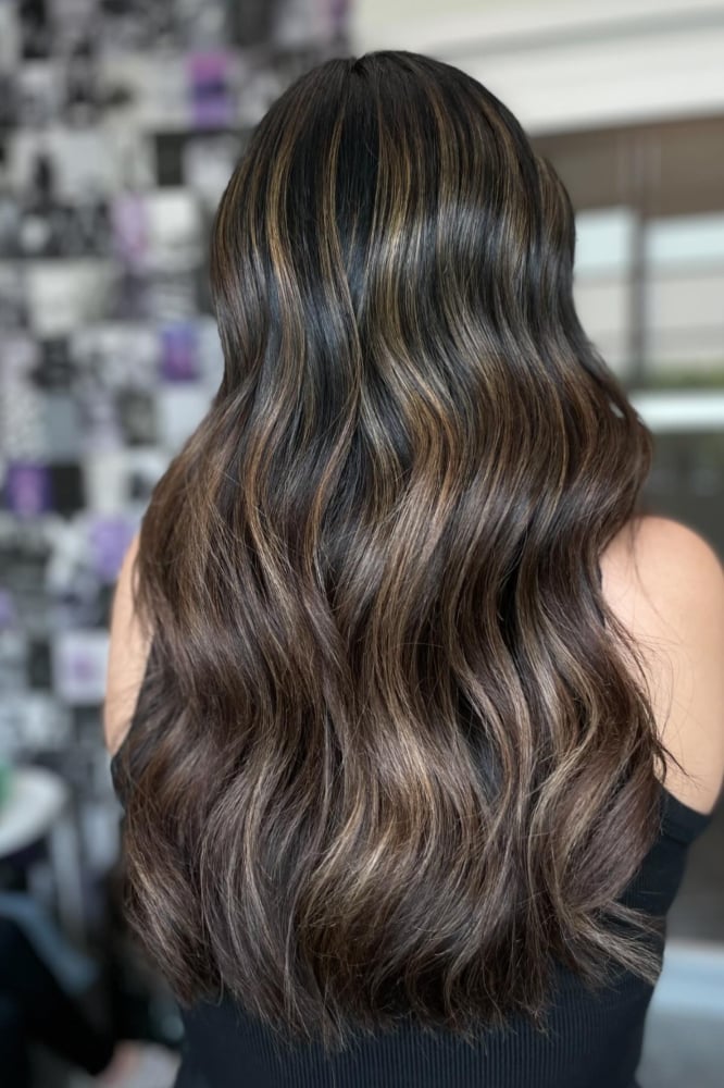 Mid-Back Dark Brown With Blonde and Caramel Highlights and Long Layers Mid-Back Dark Brown With Blonde and Caramel Highlights and Long Layers — Classy Highlights on Dark Brown