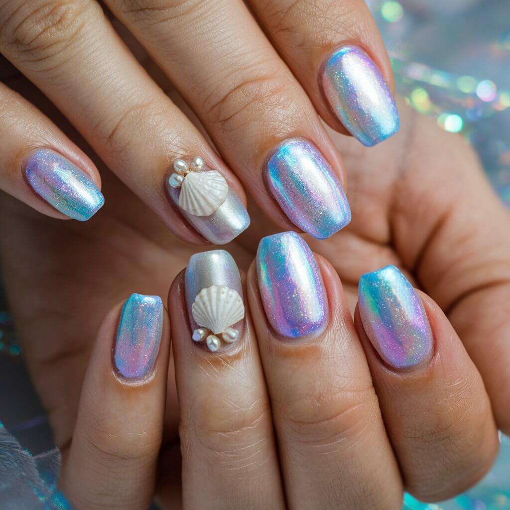 Medium Square Blue Purple Holographic Shell Charm Nails Medium Square Blue Purple Holographic Shell Charm Nails — Classy Holographic Nails
