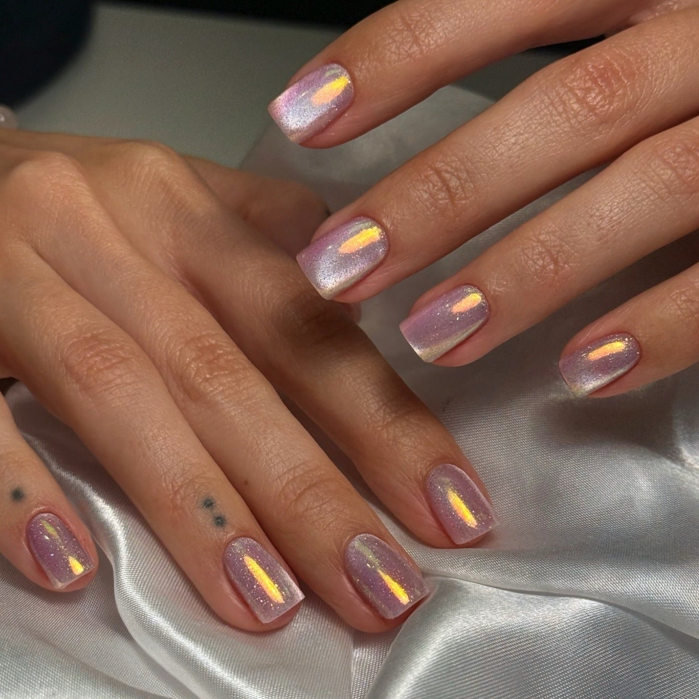 Short Square Milky Pink Holographic Shimmer Nails Short Square Milky Pink Holographic Shimmer Nails — Classy Holographic Nails