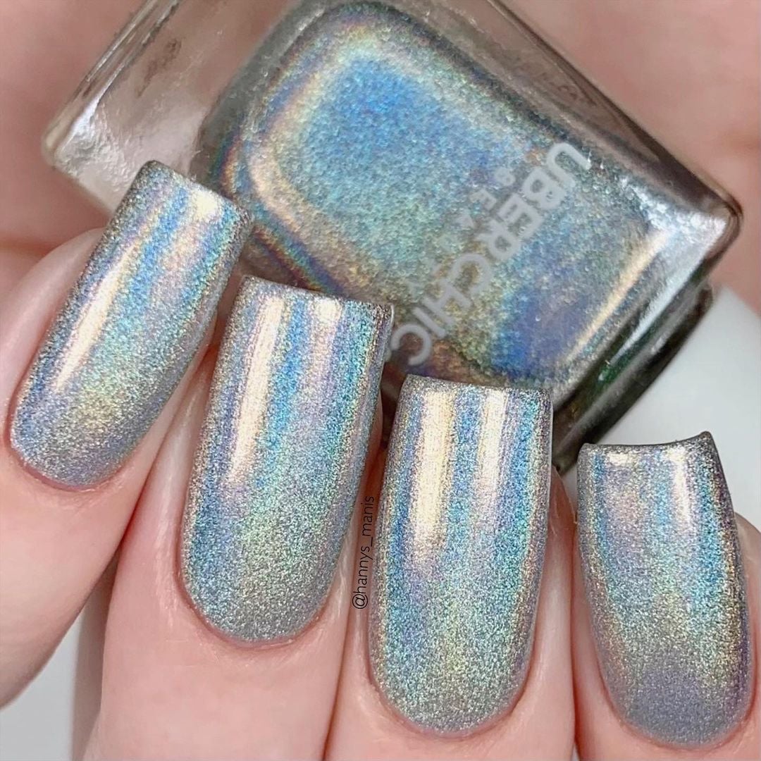 Medium Square Silver Holographic Polish Nails Medium Square Silver Holographic Polish Nails — Classy Holographic Nails