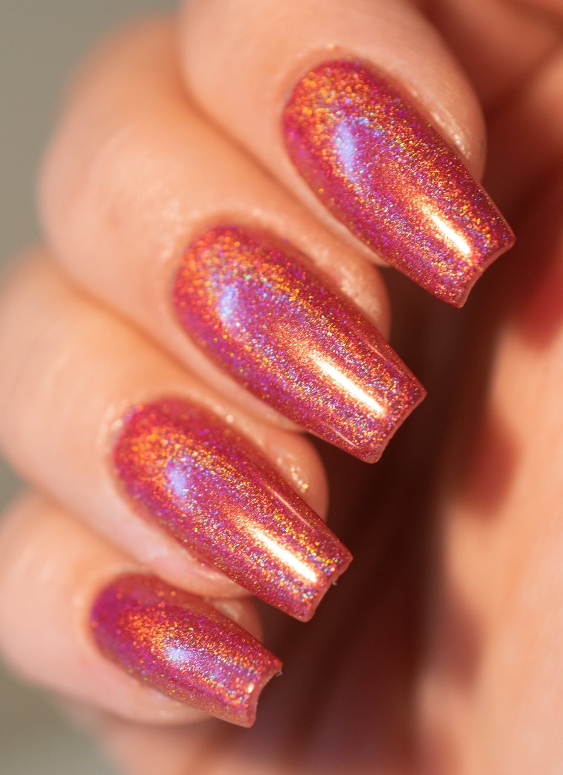 Medium Coffin Pink-Orange Holographic Glitter Nails Medium Coffin Pink-Orange Holographic Glitter Nails — Classy Holographic Nails