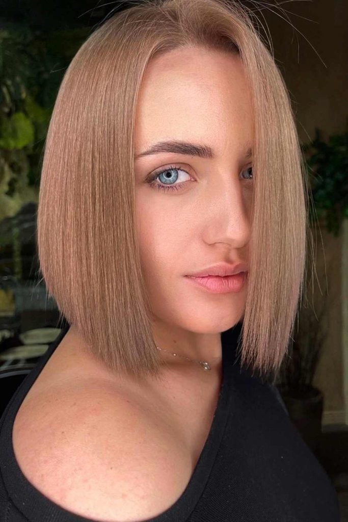 Chin Length Bob With Blunt Bangs Honey Blonde Chin Length Bob With Blunt Bangs Honey Blonde — Classy Honey Blonde
