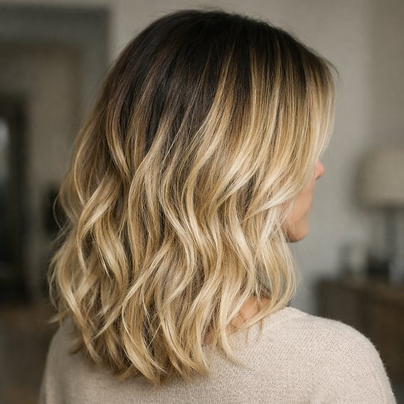 Collarbone Lob With Side-Swept Bangs Collarbone Lob With Side-Swept Bangs — Classy Honey Blonde Highlights