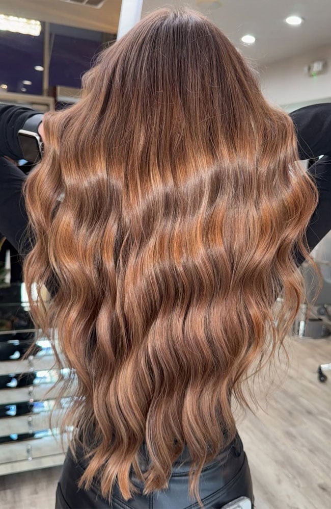 Mid-Back Medium Brown With Honey Dimension, Wavy — Classy Honey Brown Highlights