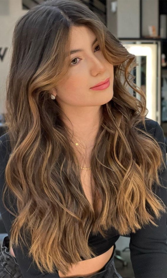 Mid-Back Waves With Curtain Bangs Honey — Classy Honey Brown Highlights